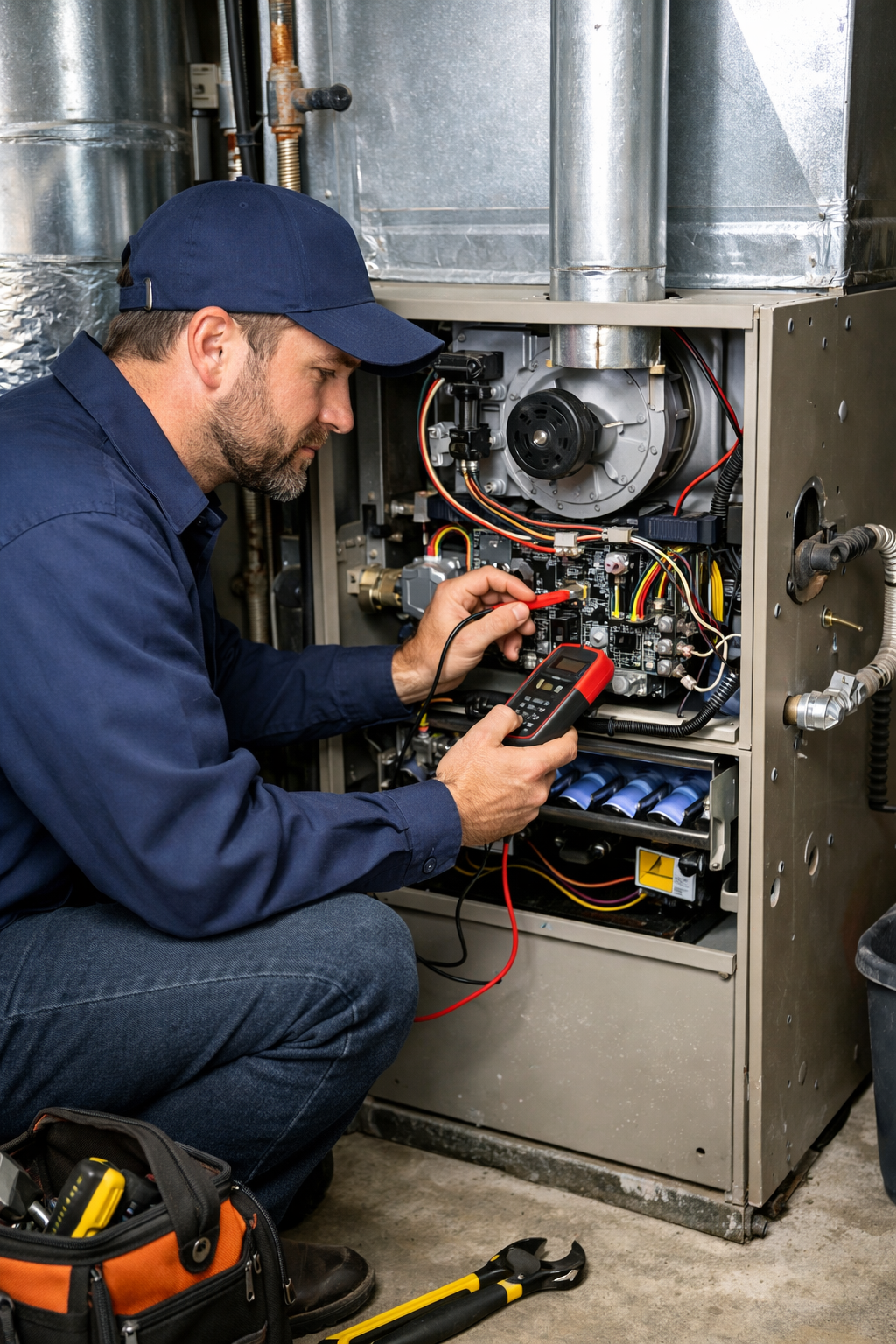 A technician in a blue uniform testing an open furnace's electrical components with a multimeter.