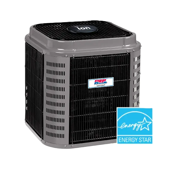 A grey outdoor HVAC condenser unit with a black grill and an Energy Star certification label.