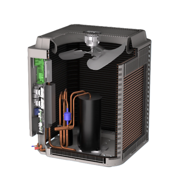 A cross-section view of a residential air conditioning unit, revealing the internal compressor, coils, and fan motor.