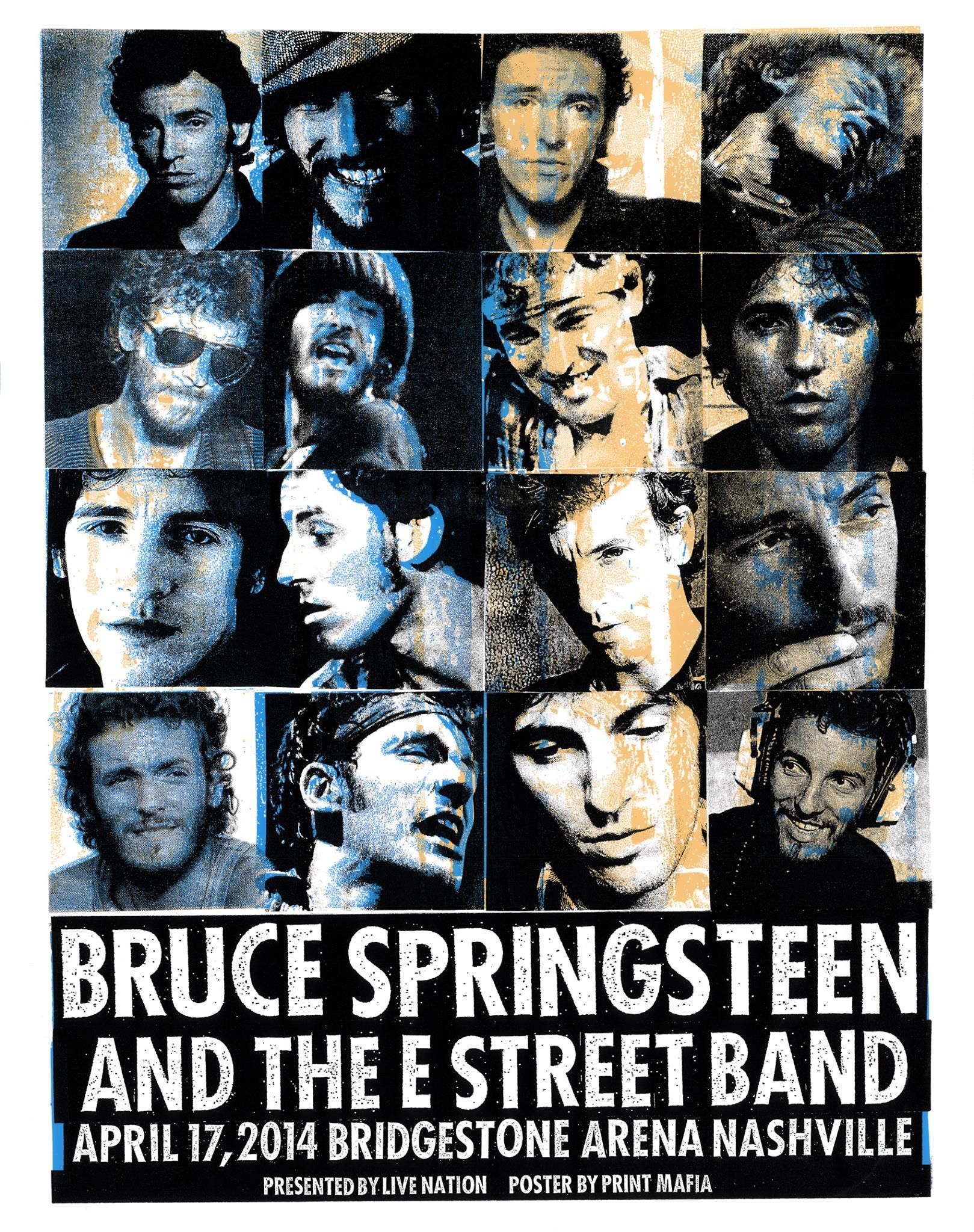 Concert poster: Bruce Springsteen and The E Street Band at Bridgestone Arena, Nashville, April 17, 2014. Faces in blue/gold.