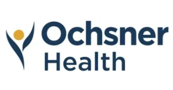Ochsner Health logo: abstract figure with a gold head and blue arms, beside navy blue text.