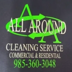 Logo for "All Around Cleaning Service" with green "AA" emblem, white text, and phone number.
