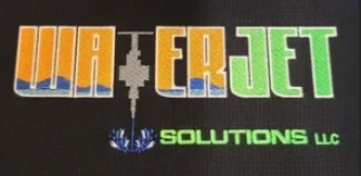 Logo with "WATERJET" in orange and green letters with a waterjet graphic, below "SOLUTIONS LLC" in green.