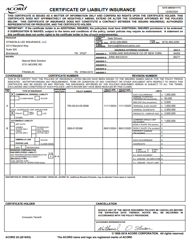 A certificate of liability insurance is shown on a white background.