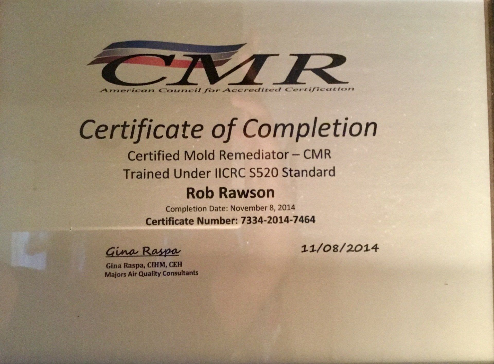 A cmr certificate of completion for rob rawson
