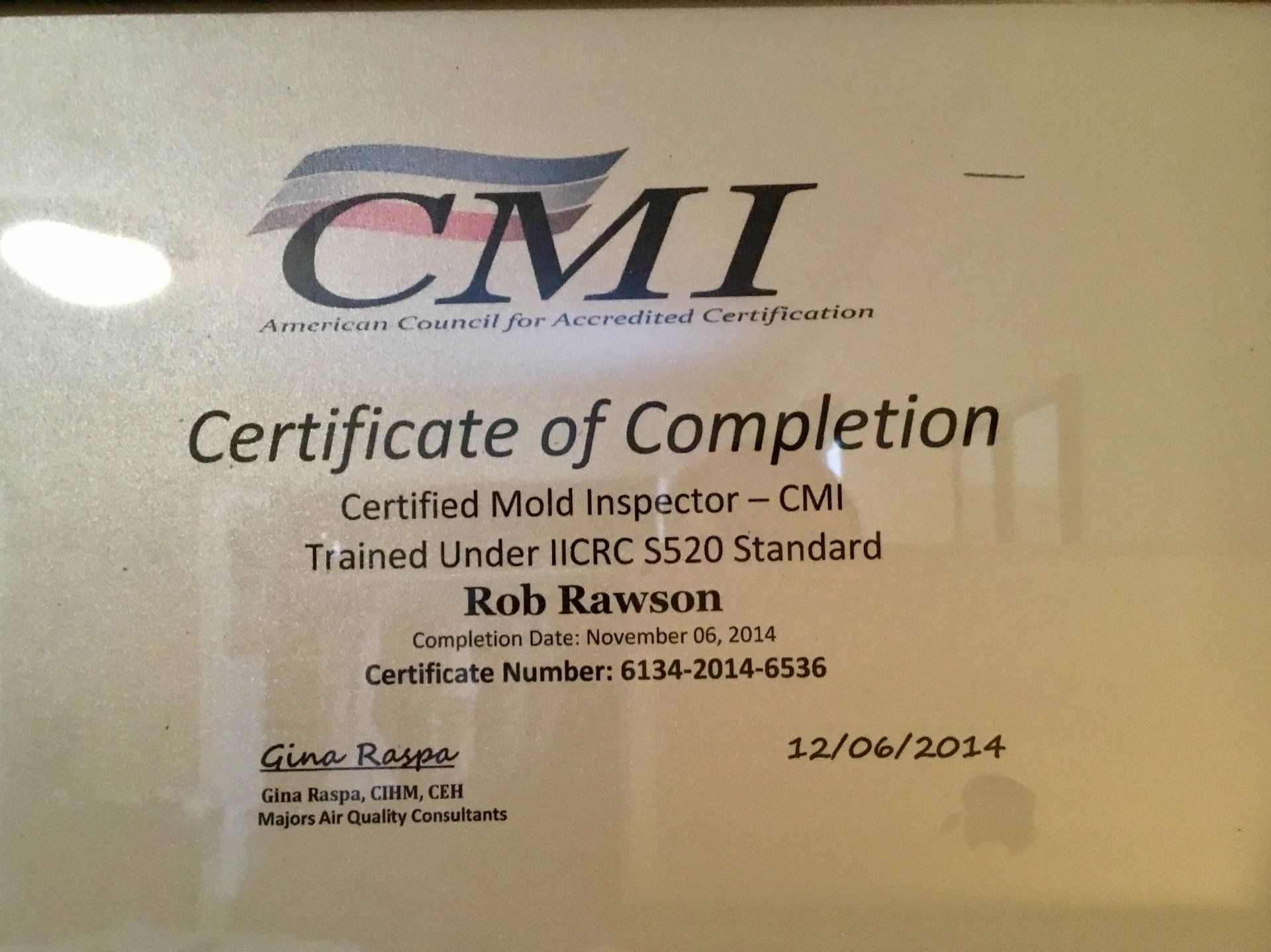 A certificate of completion for a cmi certified mold inspector