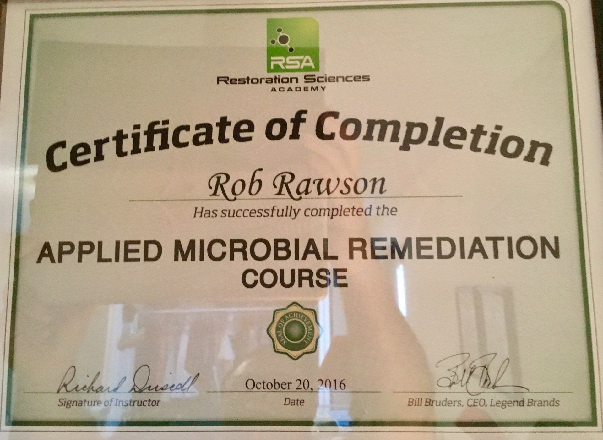 Rob rawson has successfully completed the applied microbial remediation course