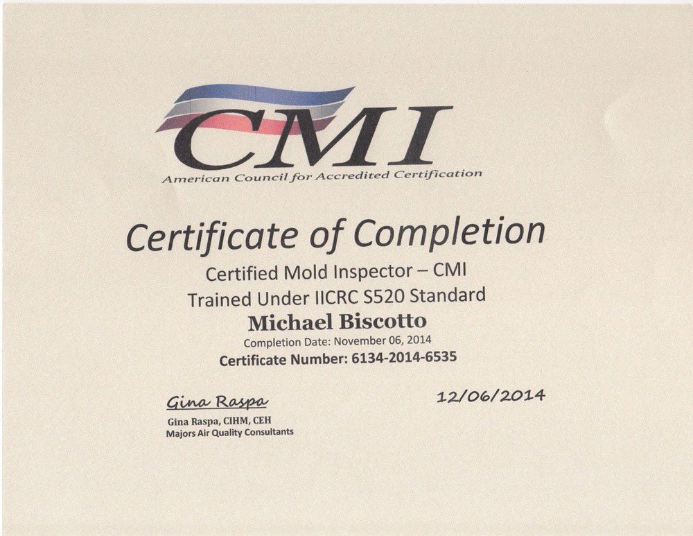A certificate of completion for a certified mold inspector
