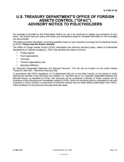 A u.s. treasury department 's office of foreign assets control advisory notice to policyholders