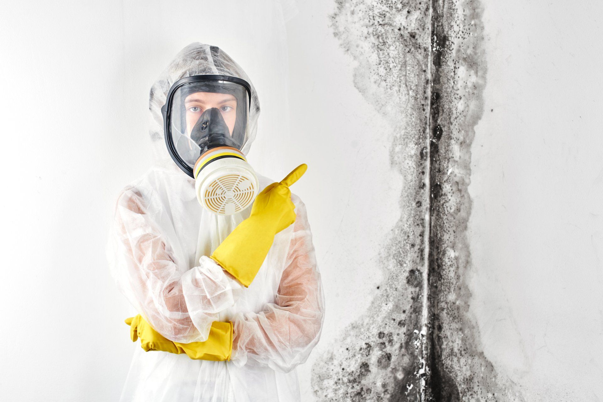 A professional disinfector in overalls and a mask points a finger at the black mold on the wall. Removal of the fungus in the apartment and house.