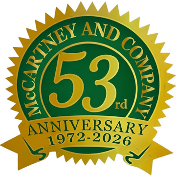 A green and gold seal celebrating the 53rd anniversary of McCartney and Company from 1972-2026.