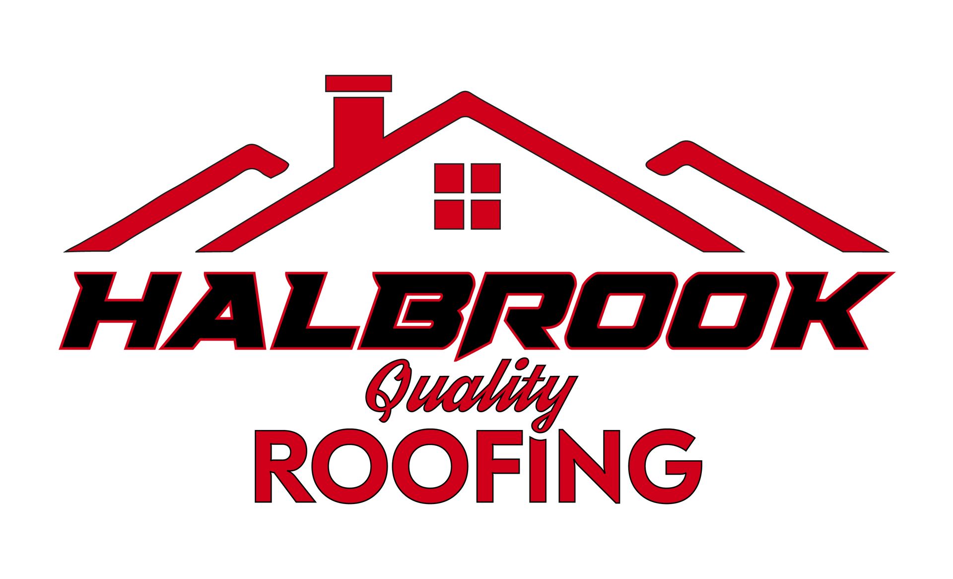 Halbrook Quality Roofing logo with a red house outline and chimney over black text.