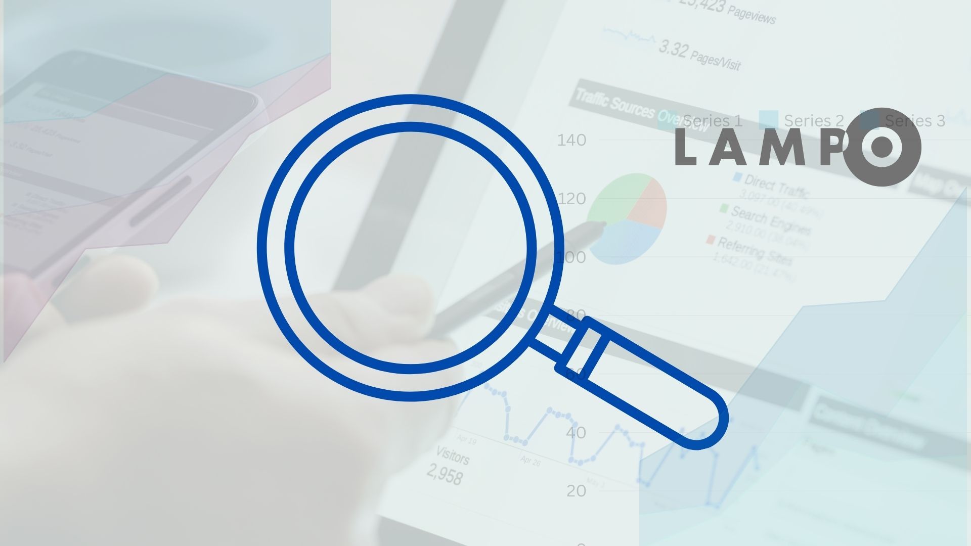 Search intent indicated by a drawing of a magnifying glass overlayed on top of computer data.