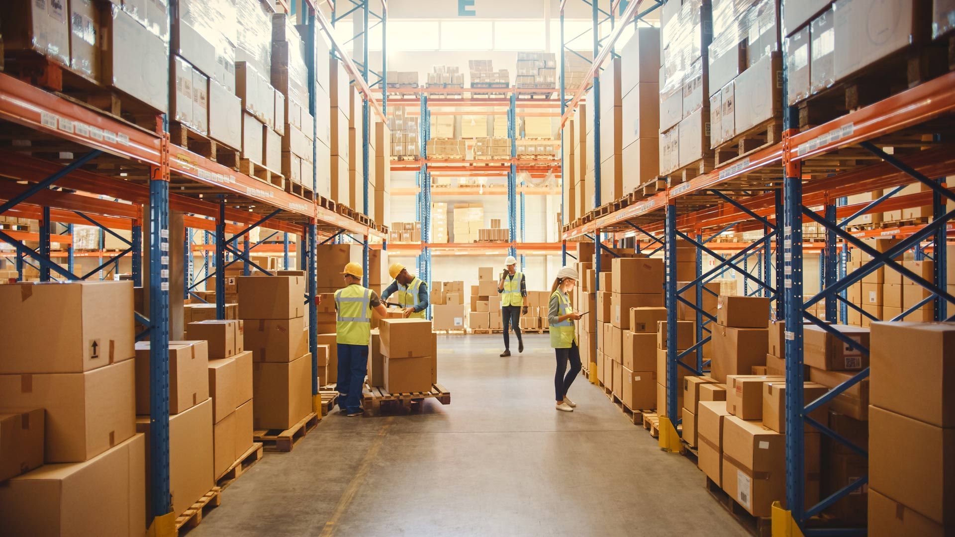 Warehouse interior with workers, boxes, and shelving.