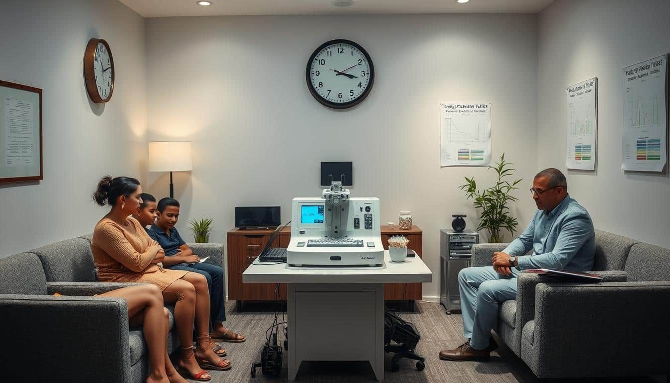 People seated in an office-like setting, facing a man seated near a medical machine.