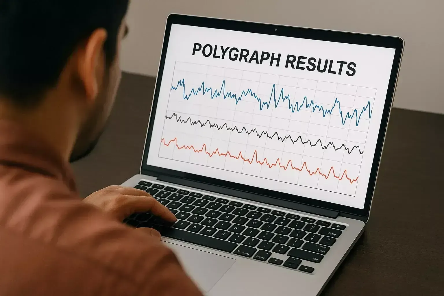 Person viewing polygraph results on a laptop screen, showing fluctuating colored lines.