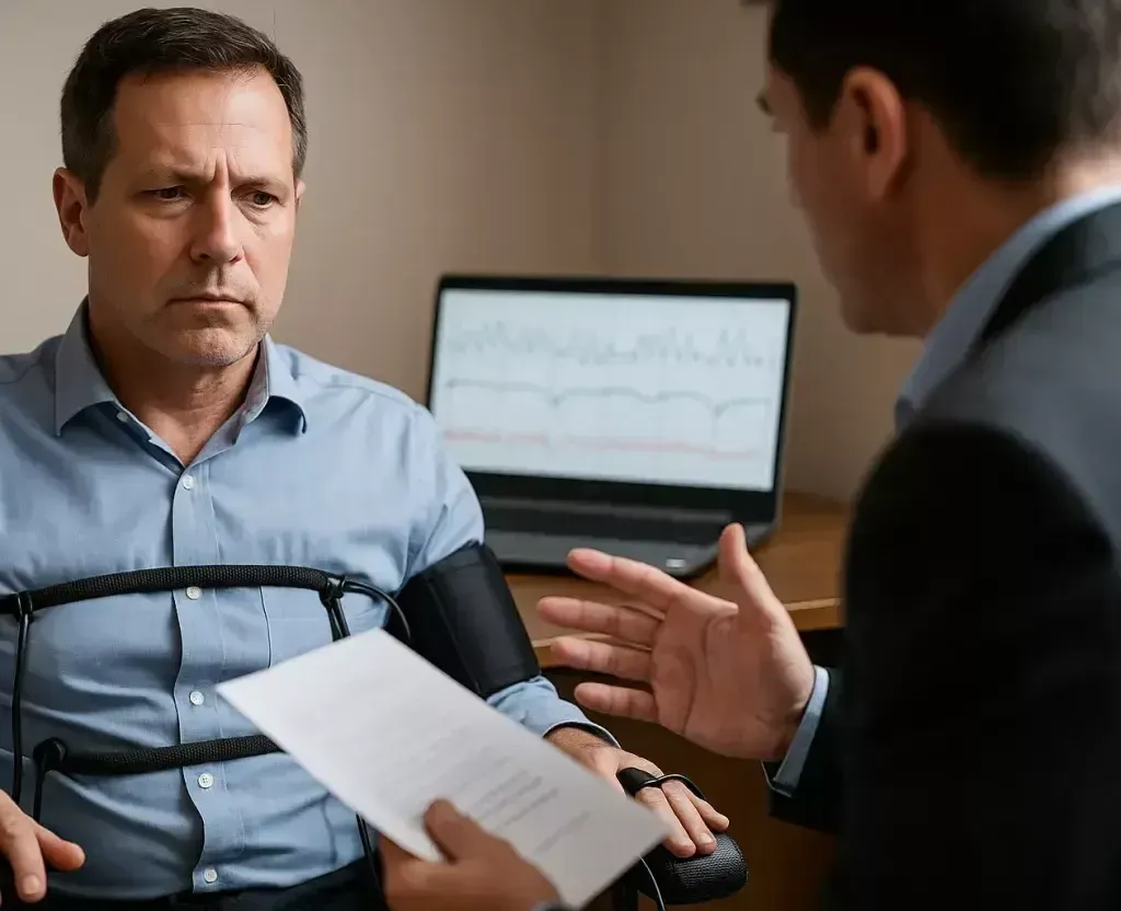 Man strapped to a polygraph machine, facing an interviewer holding documents. A laptop displaying readings is visible.