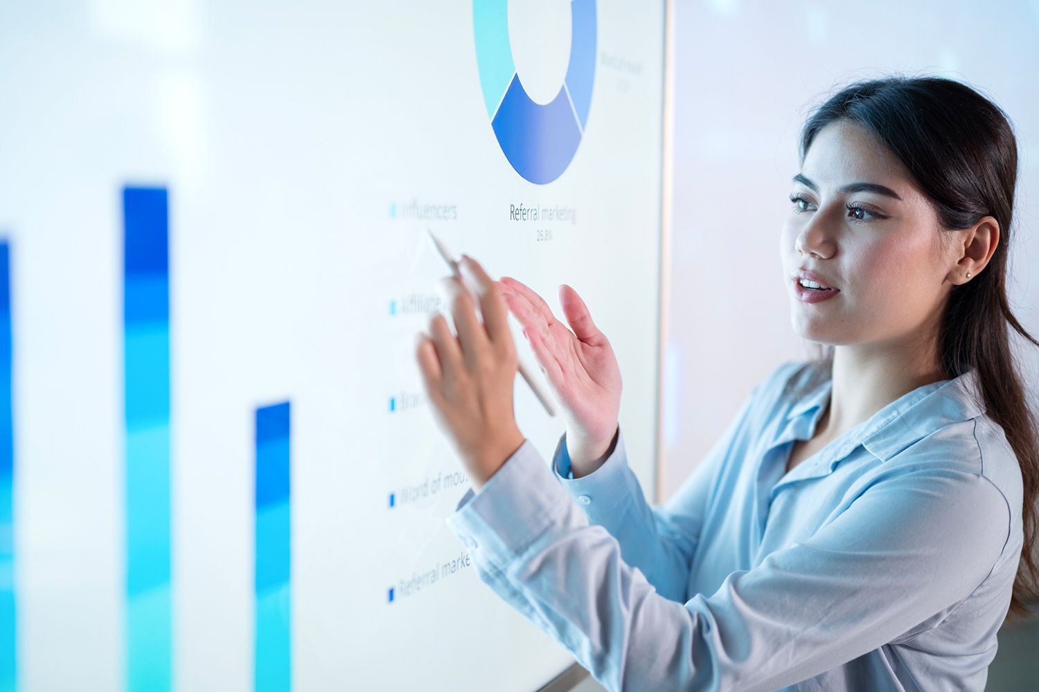 A woman is pointing at a graph on a whiteboard.