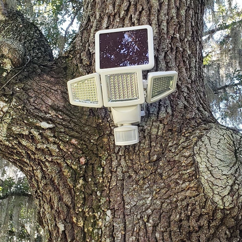 Solar-powered security light with three adjustable lights and a motion sensor mounted on a tree.