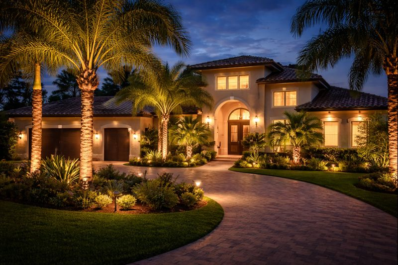 Solar-powered motion sensor security light attached to a tree trunk. White light with solar panel and three adjustable lights.