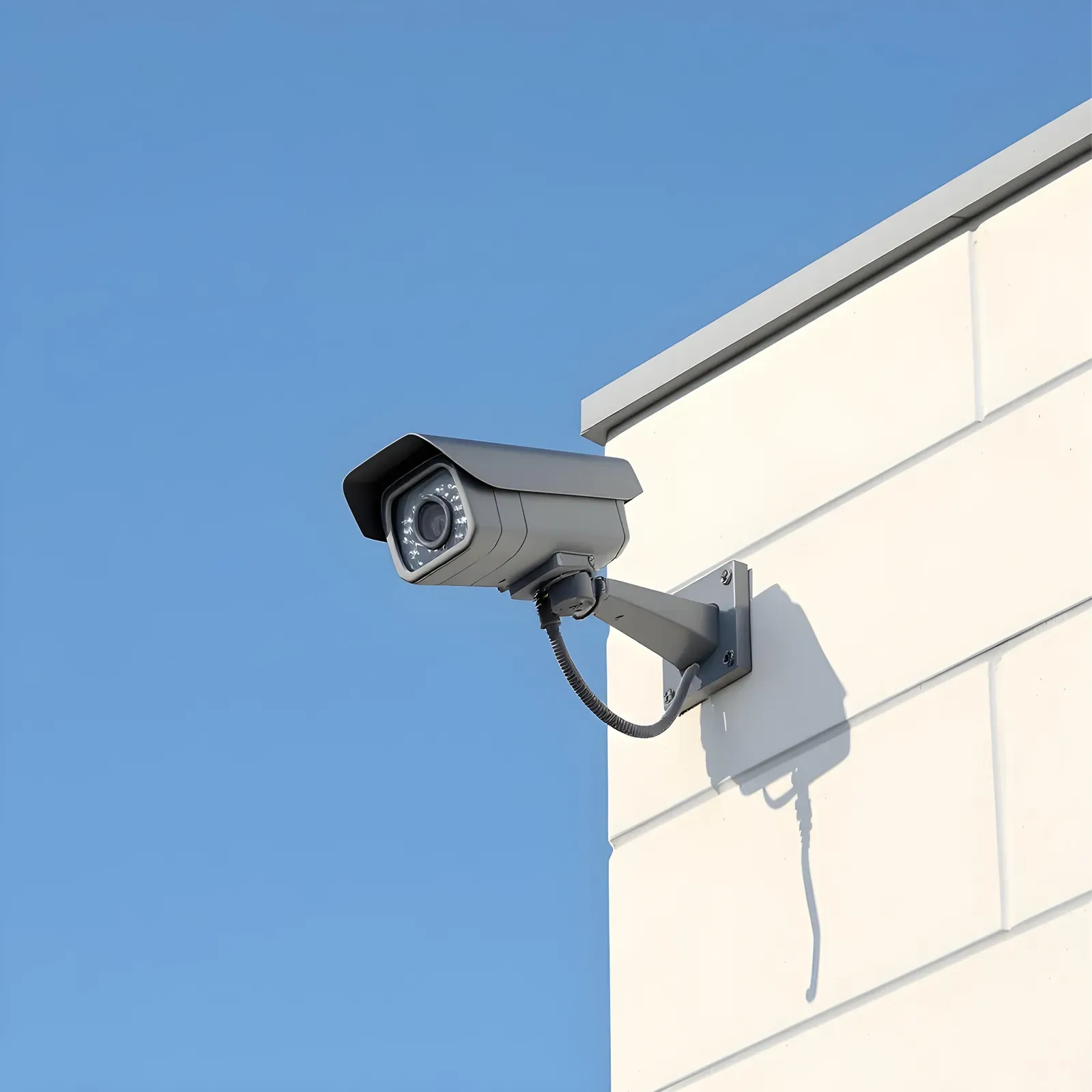Security camera mounted on a brick building with a dark pipe and cloudy sky.