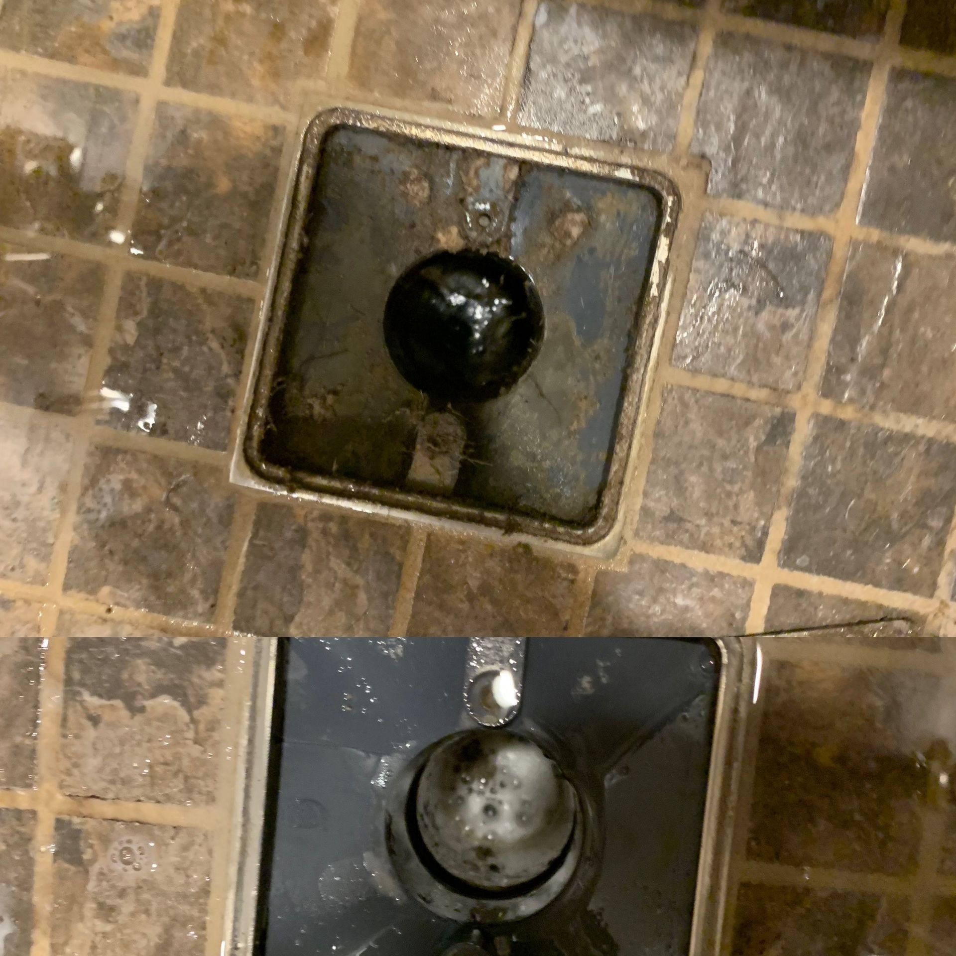 Two pictures of a drain on a tiled floor
