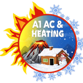 Logo: A1 AC & Heating. Half sun/flames, half snowflakes. Features volcano, house with snowman.