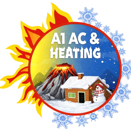 Logo: A1 AC & Heating. Half sun/flames, half snowflakes. Features volcano, house with snowman.