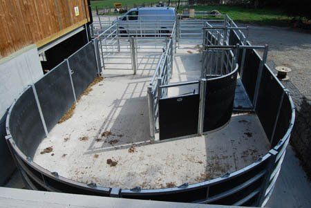 A fenced in area with a white van in the background