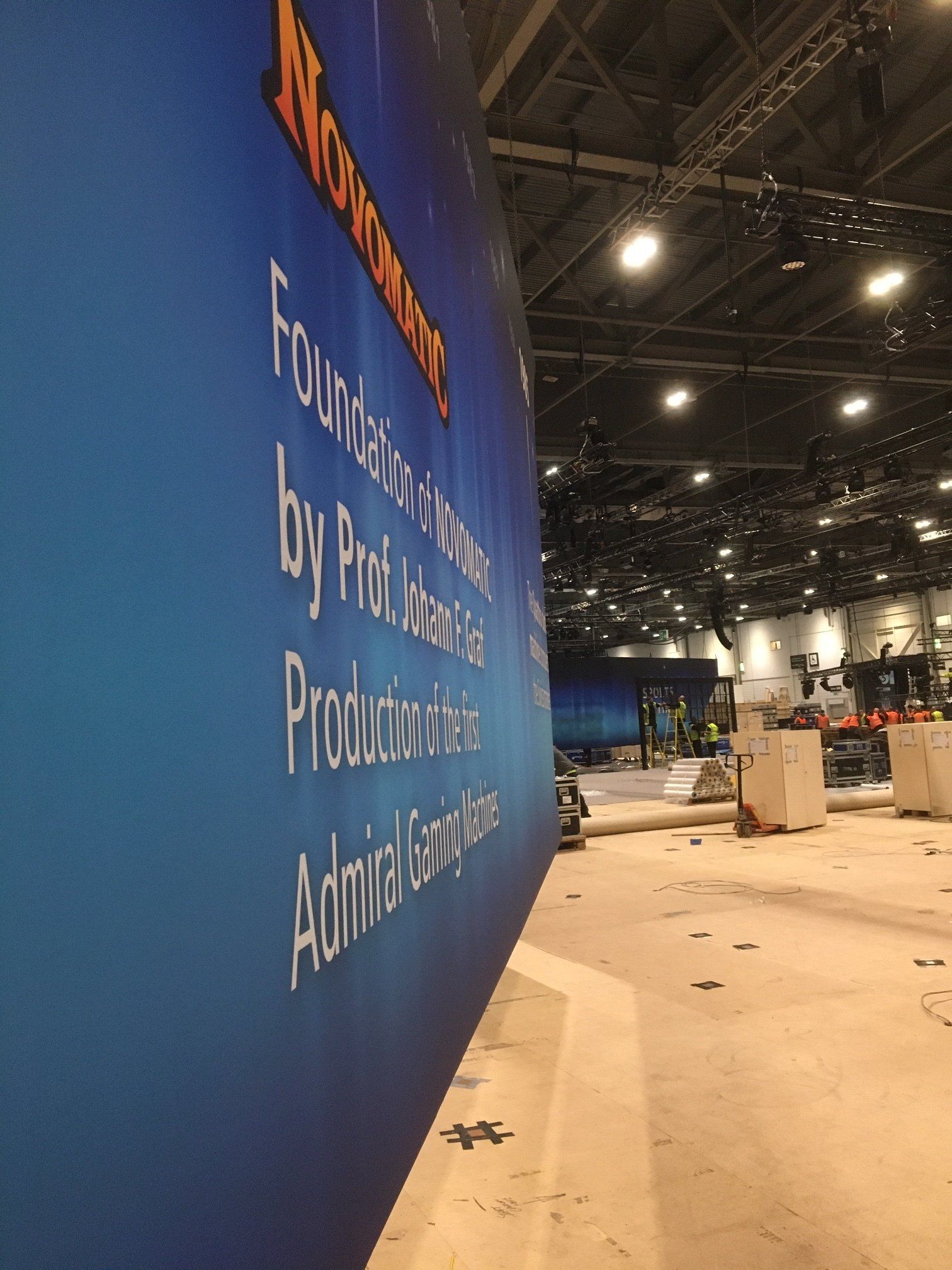 A large blue wall with the words 