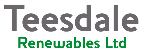The logo for teesdale renewables ltd is gray and green.