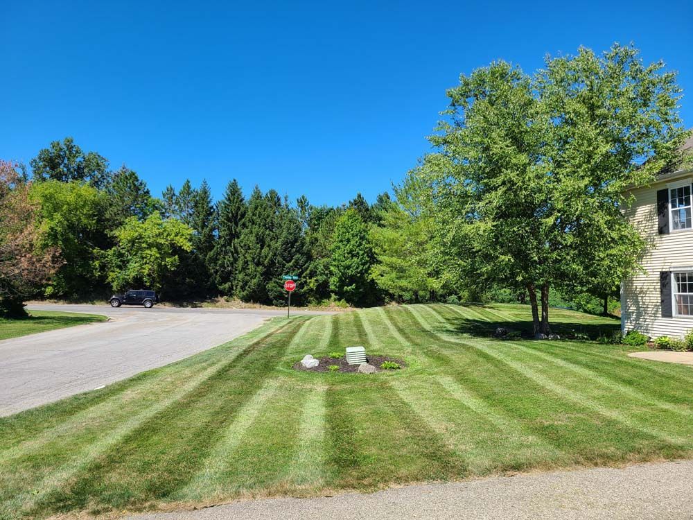 A Lush Green Lawn is in Front of a House on a Sunny Day