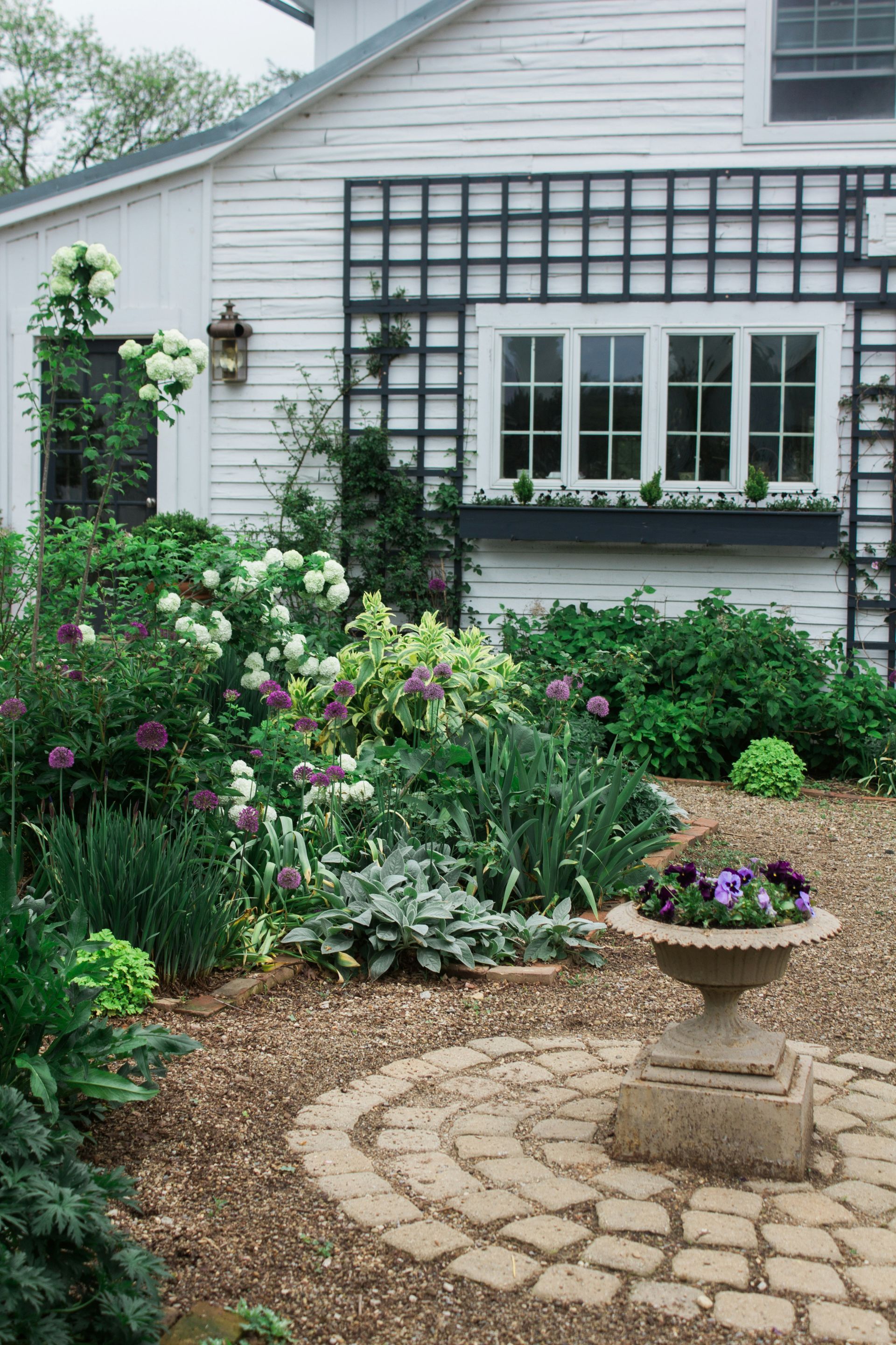 A Man is Kneeling Down in a Garden Watering Plants With a Sprinkler.