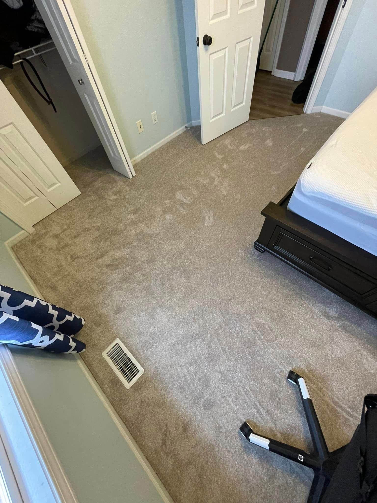 Bedroom with gray carpet, white door, and a bed with a dark wood frame.