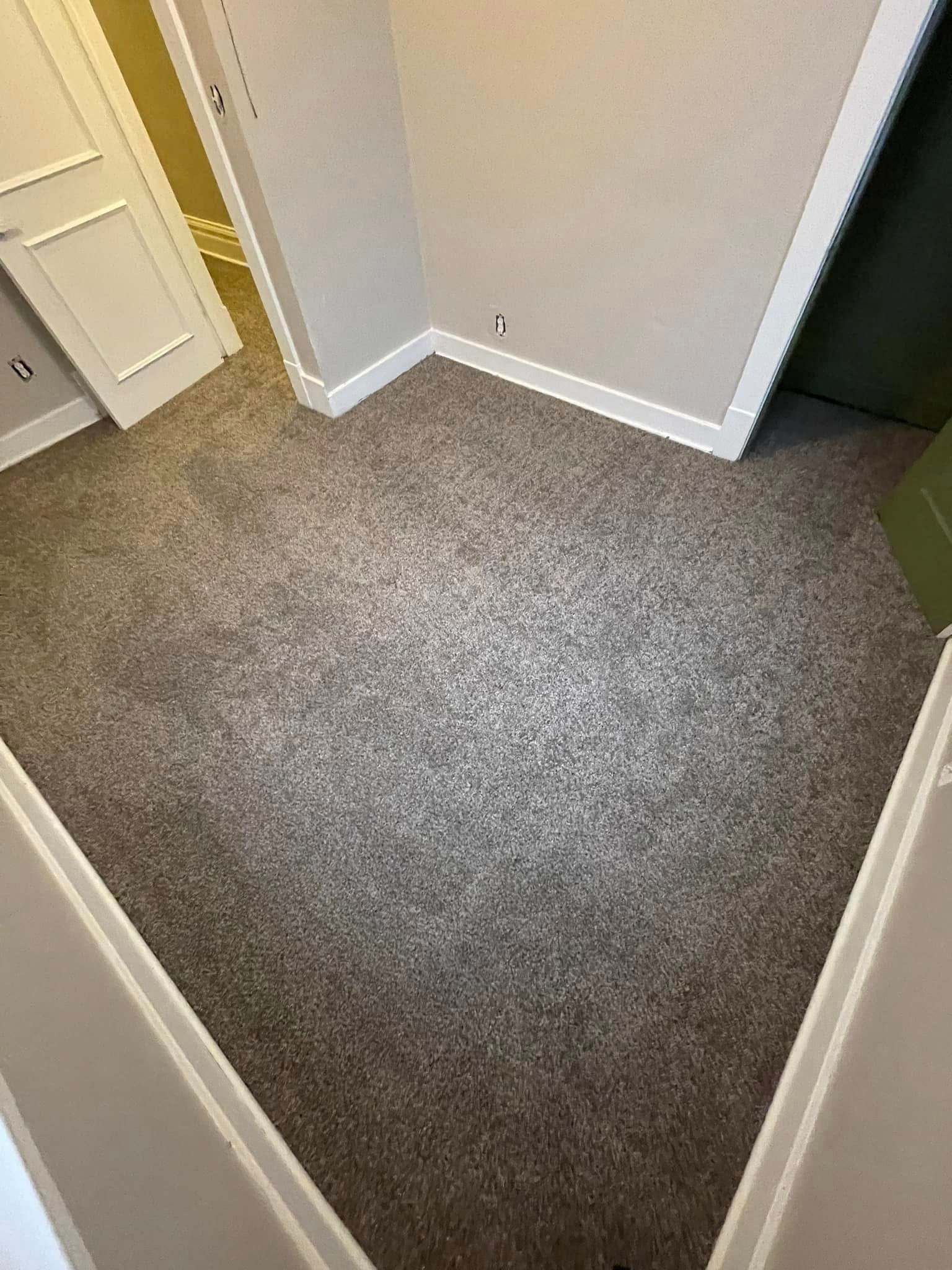 Gray carpeted room with white trim and a partially visible white door.