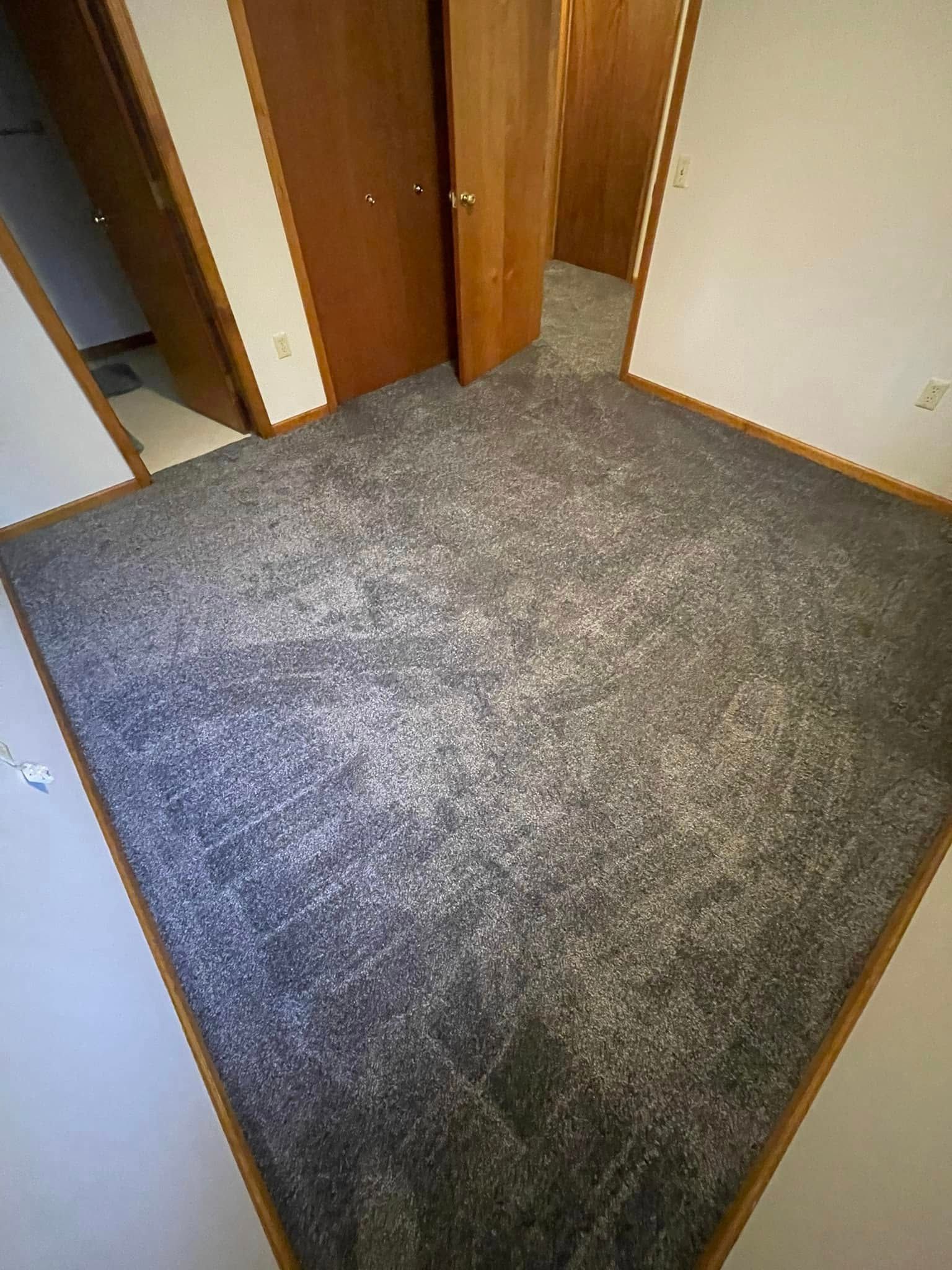 Room with gray carpet, wooden doors and frames, and white walls.