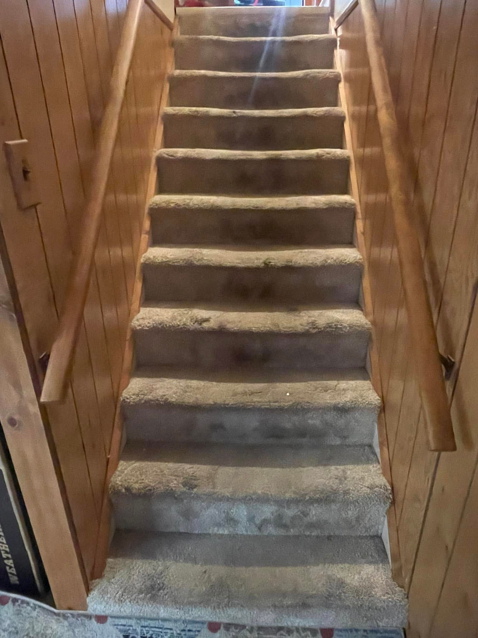 Carpeted staircase with wood paneling and handrails.