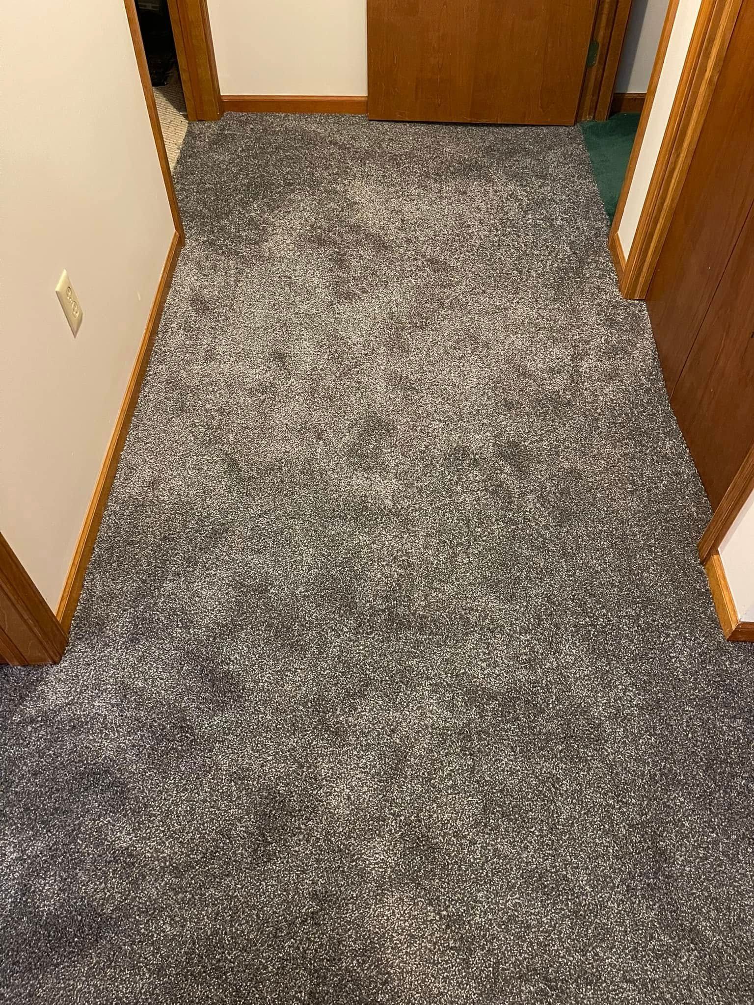 Hallway with new carpet. Black and white speckled carpet between beige walls and brown wooden door frames.