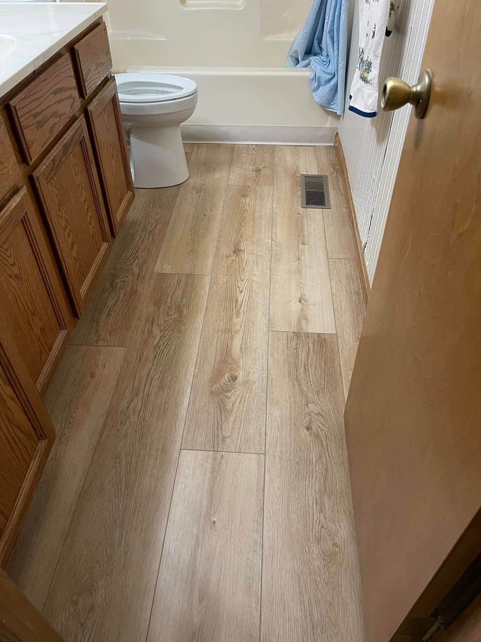 Bathroom with wood-look flooring, toilet, vanity, and a partially open door. A shower curtain is also visible.
