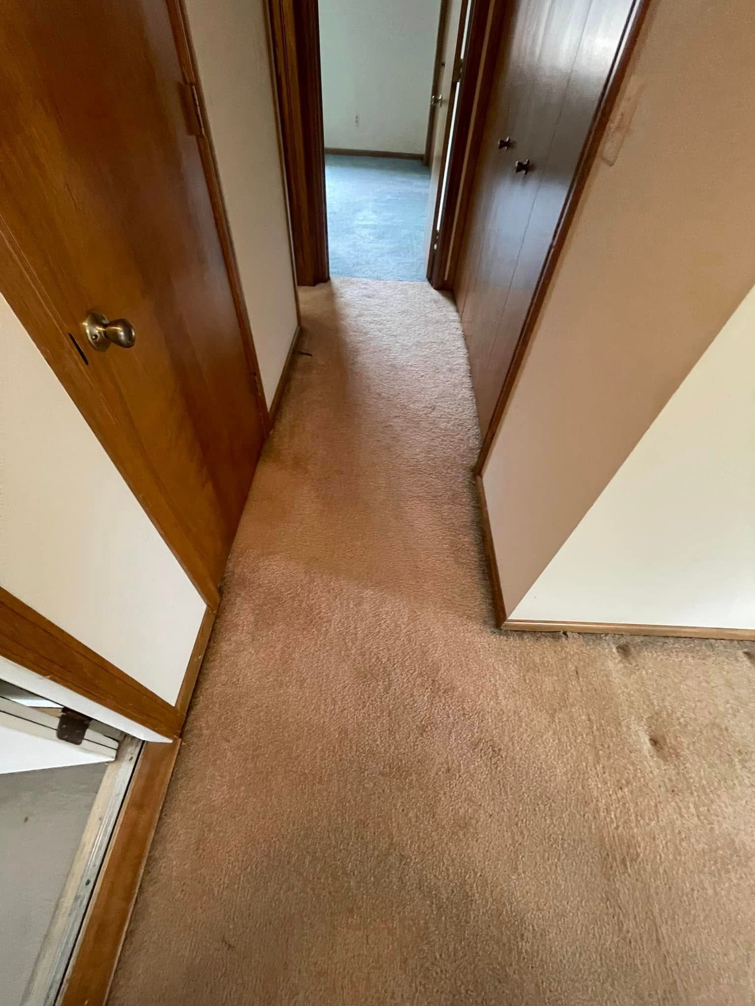 Narrow hallway with tan carpet and brown doors, leading to another room.