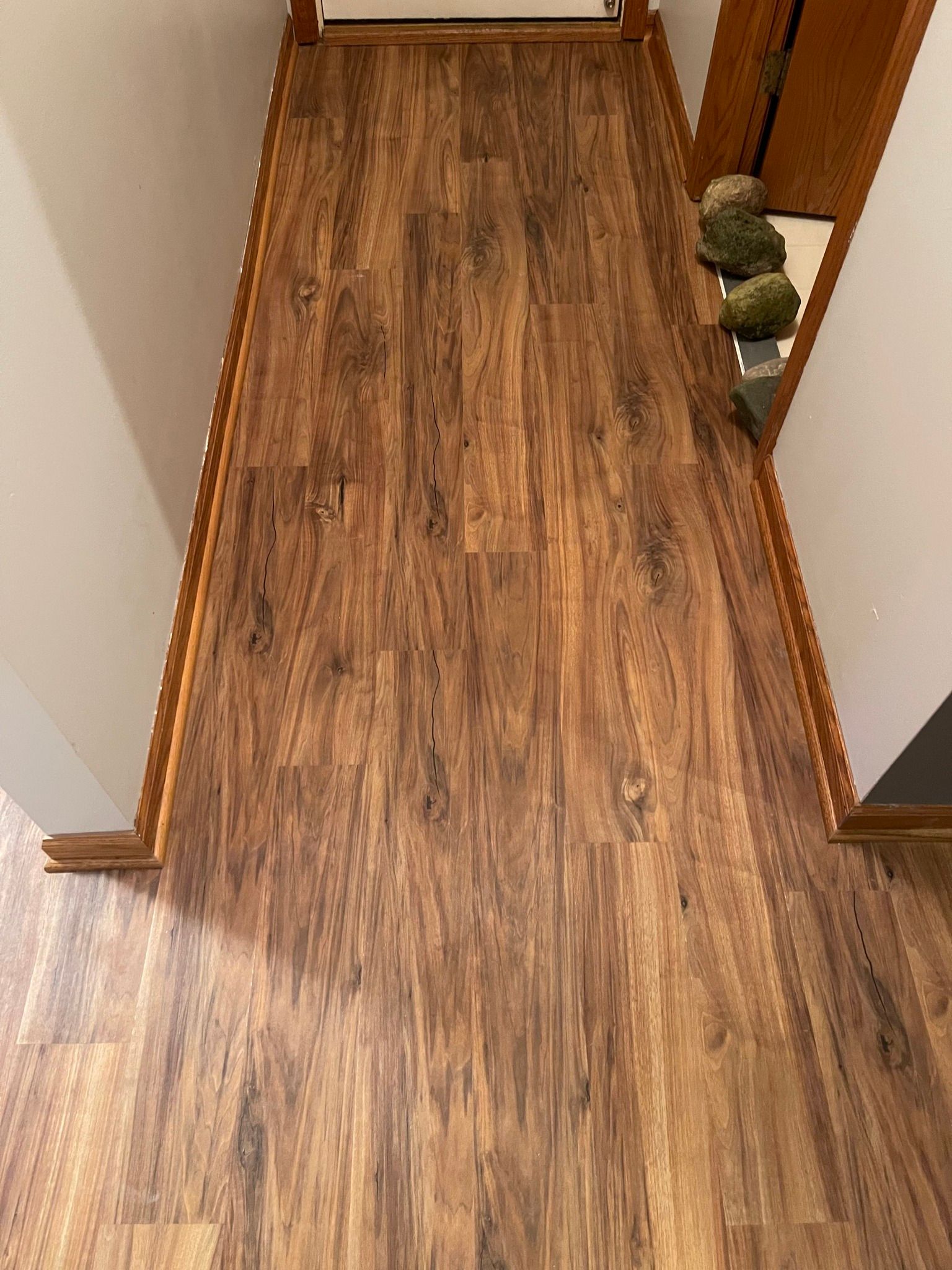 Dark wood-look flooring extends down a narrow hallway, framed by light-colored walls and wood trim.