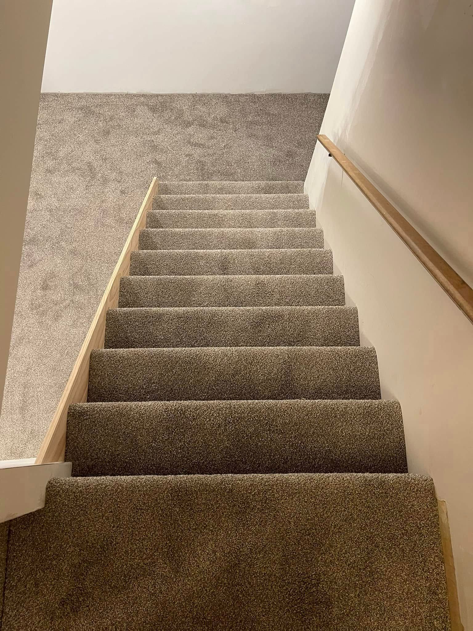 Staircase with carpeted steps and wooden handrail, descending downward.