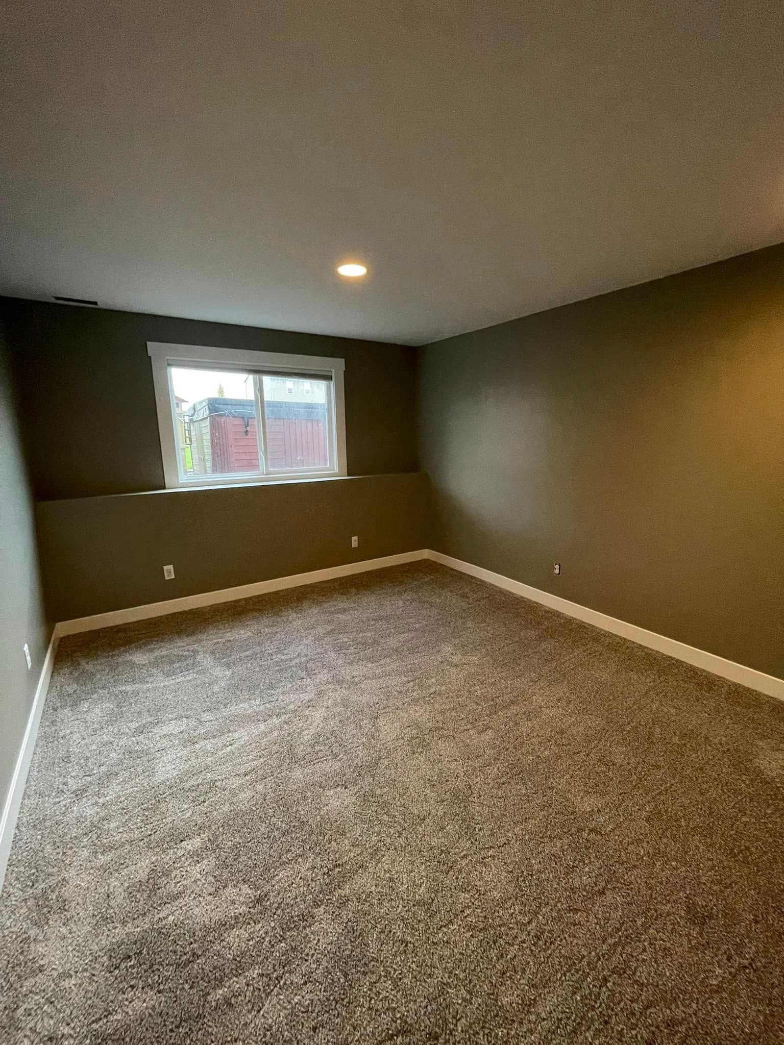 Empty room with brown carpet, olive-green walls, and a window with a white frame.
