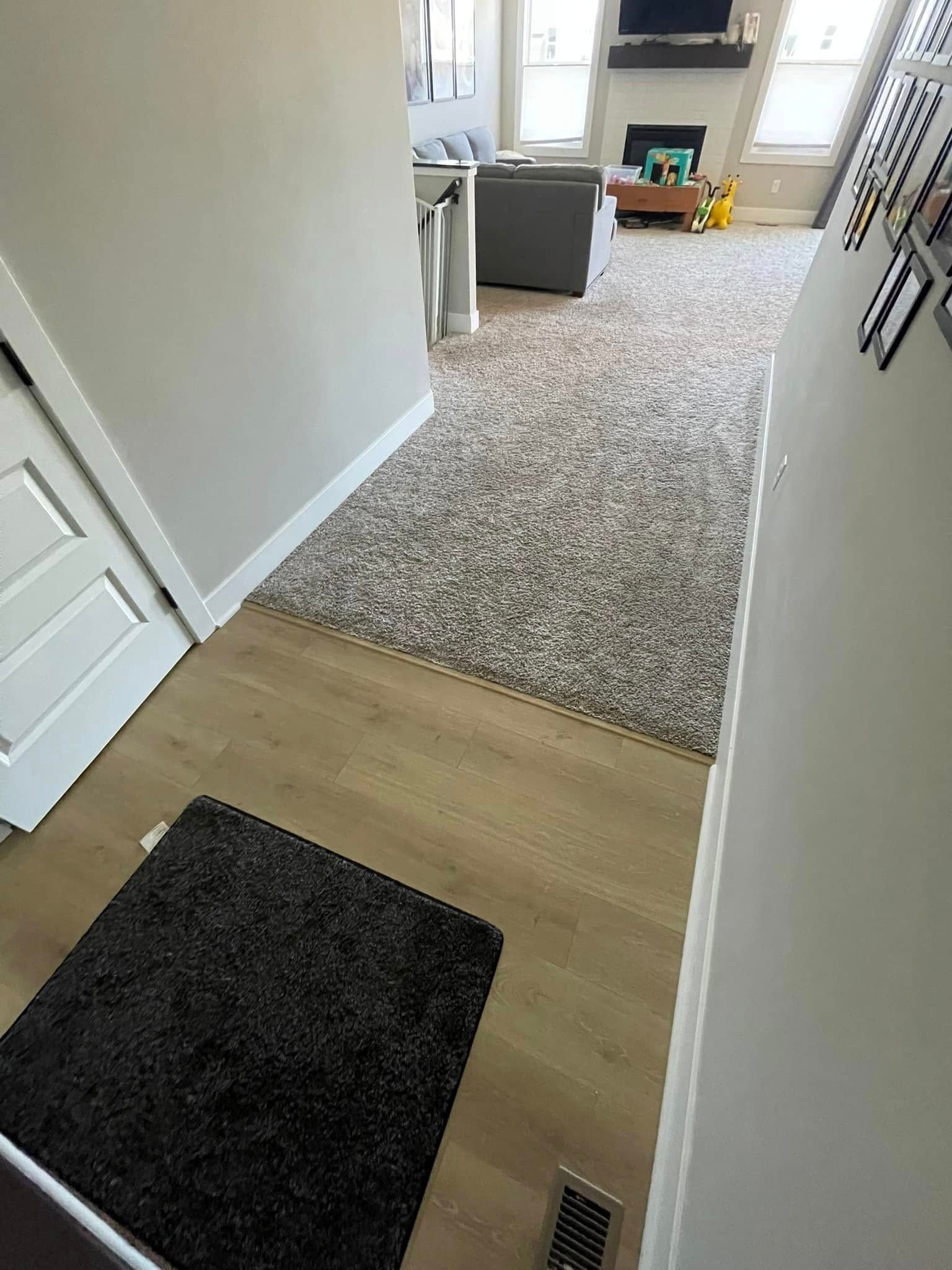 Entryway with wood flooring, a dark rug, leading to a living room with a gray carpet and furniture.