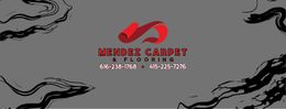 Logo for Mendez Carpet & Flooring, red abstract design with business name, phone numbers on gray background with black art.