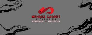 Logo for Mendez Carpet & Flooring, red abstract design with business name, phone numbers on gray background with black art.