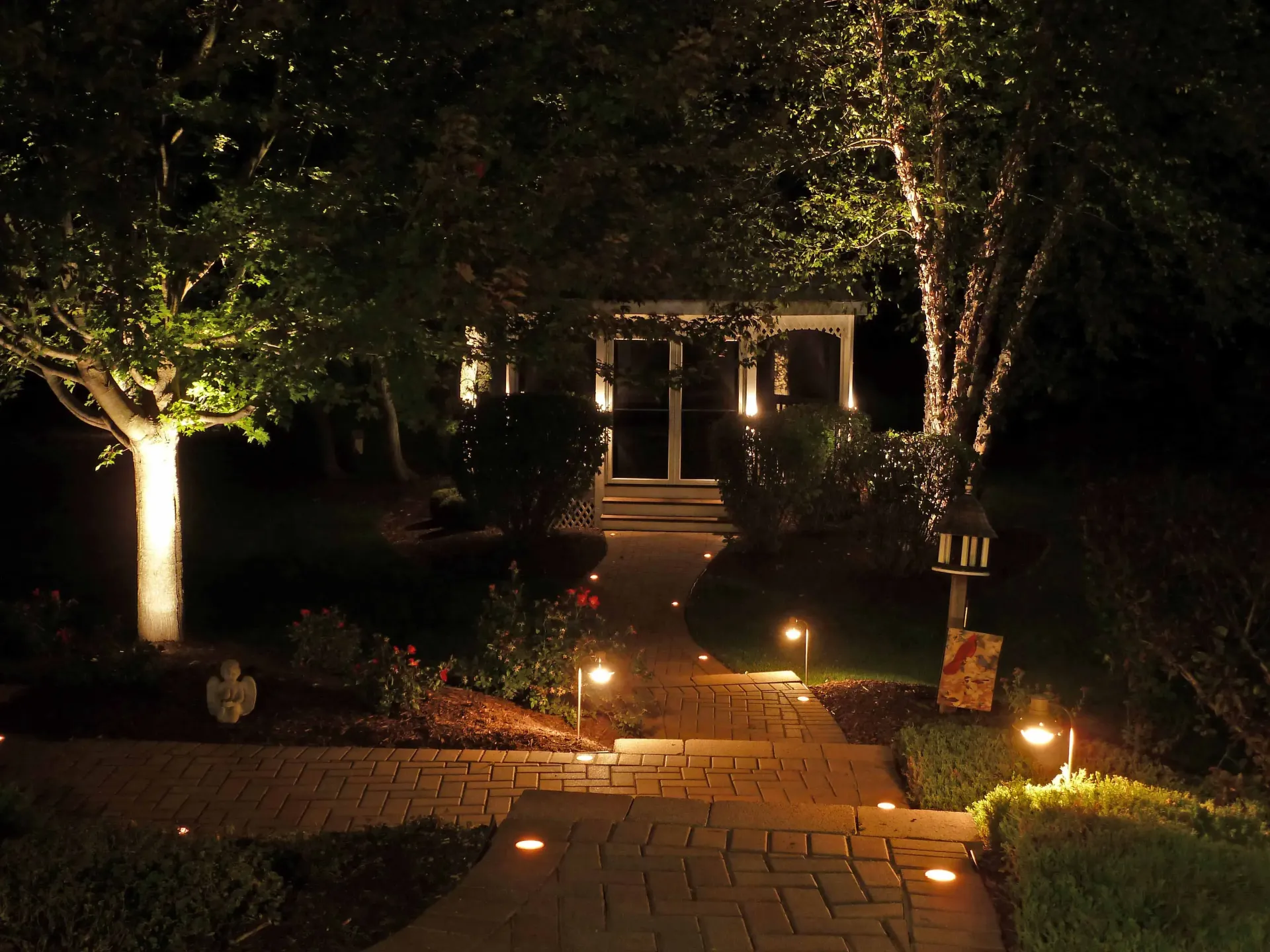 Backyard LED lights along the garden path.