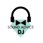 Logo with black headphones above a teal diamond shape. Black bow tie inside the diamond, text "Sound Advice DJ".
