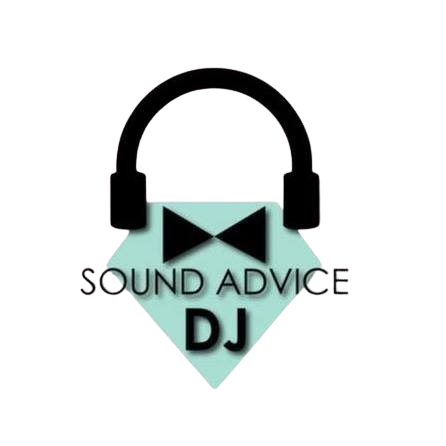 Logo with black headphones above a teal diamond shape. Black bow tie inside the diamond, text "Sound Advice DJ".
