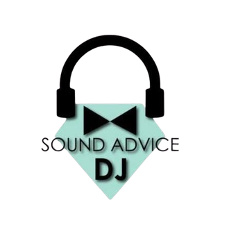 Logo with black headphones above a teal diamond shape. Black bow tie inside the diamond, text "Sound Advice DJ".
